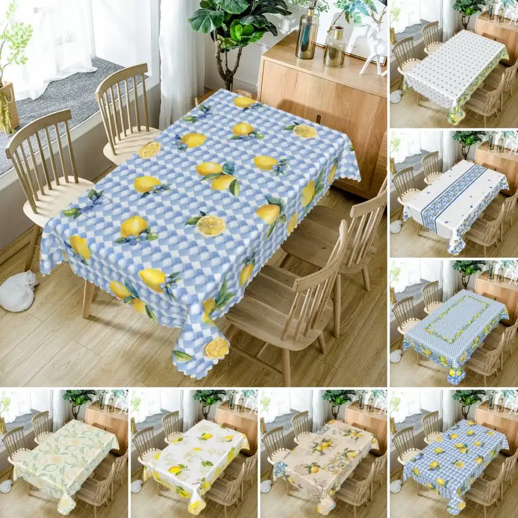 Waterproof Lemon Tablecloth Blue White Check Pattern Summer Decor Kitchen Dining Table Cover for Outdoor Indoor Rustic Style