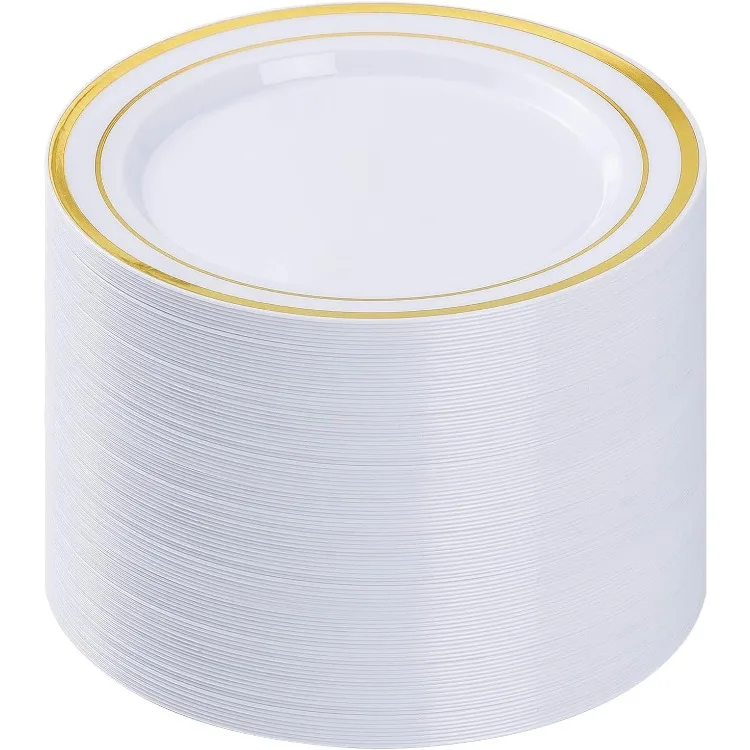 100PCS Gold Plastic Plate, 10.25 Inch Disposable Dinner Plate Party with Gold Rim, Heavy Duty Disposable Plastic Plates for Part