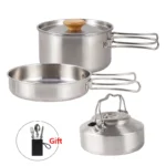 Stainless Steel Camping Cookware Outdoor Portable Cooking Teapot Picnic Tableware Kettle  Foldable Handle Soup Pots Frying Pan