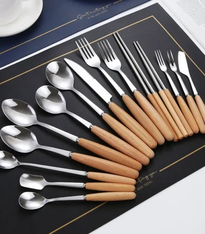 12/15/18/24 Pcs Stainless Wooden Handle Cutlery Set Portable Tableware Knife Fork Spoon Chopsticks Fashionable Kitchen
