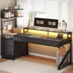 55" Gaming Desk with 6 Drawers, Corner Gaming Desk with Storage & LED Lights, Reversible PC Desk with Power Outlet,,