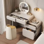 Modern cream dressing table with storage drawers and mirror in bedroom setting