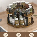 Kitchen countertop organizer with 360° rotating wooden spice rack holding oil, salt, and soy sauce bottles