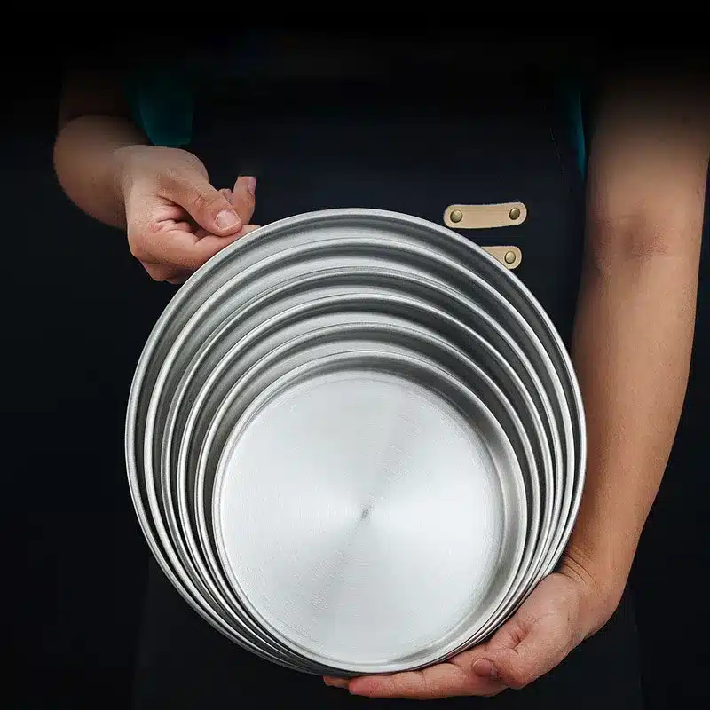 4 Sizes Deep Stainless Steel Meal Trays Round Dish Plates Barbecue Fruit Noodles Salad Mixing Dish Bowl Hotel Kitchen Tableware