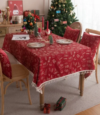 Beautiful Merry Christmas Red Jacquard Christmas Tree Bell Deer Tassel Tablecloth Tea Table Tablecloth Cover Towel Waterproof