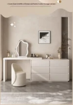 Modern LED vanity desk with mirror and stool in bedroom setting