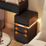 Luxury modern dressing table with mirror and stool in bedroom setting featuring compact vanity with drawers