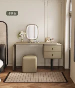 modern extendable dressing table with mirror and stool in a bedroom