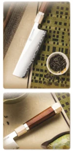 Professional nakiri knife with PM204 steel core and Mkuruti wood handle on wooden cutting board