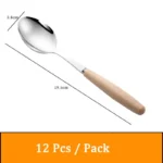 Stainless steel flatware set with wooden handles displayed on a table