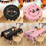 Halloween Round/Traingle Black Pink Tablecloth Pumpkin Spooky Boo Printed Decorative Dining Table Cover for Home Party Decor