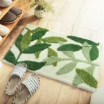Green leaves flocking non slip bath mat on bathroom floor