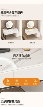 Modern minimalist dressing table with storage shelf for makeup organization in a bedroom