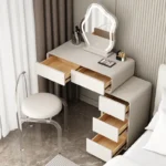 Modern minimalist vanity table with mirror and stool, wood construction, bedroom furniture