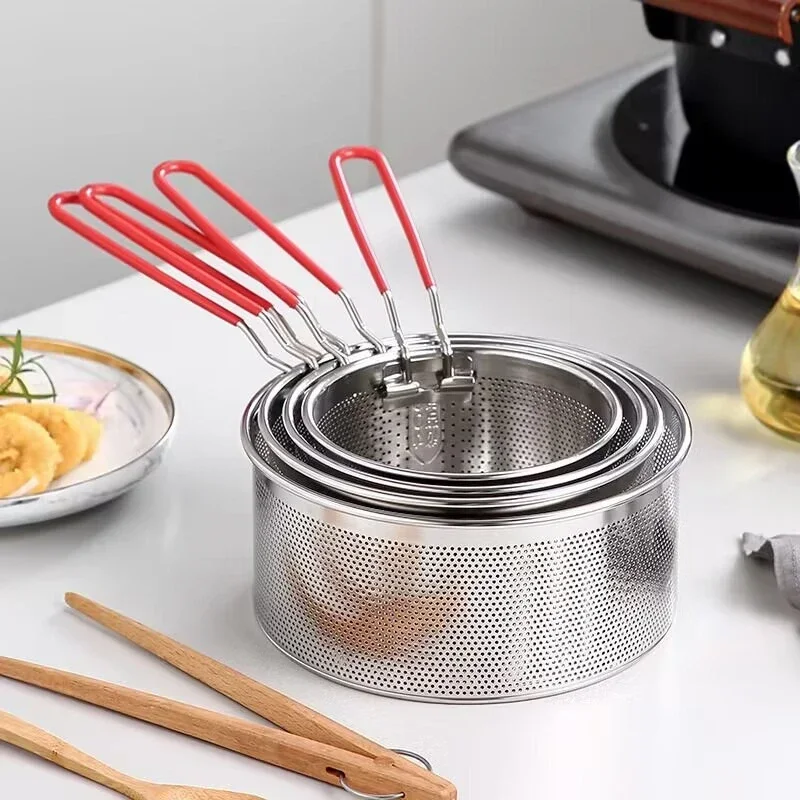 Stainless steel frying basket with fine mesh used for deep frying crispy chicken