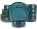 Vancasso blue ceramic dinnerware set with reactive glaze vertical edge plates and bowls on a rustic wooden table