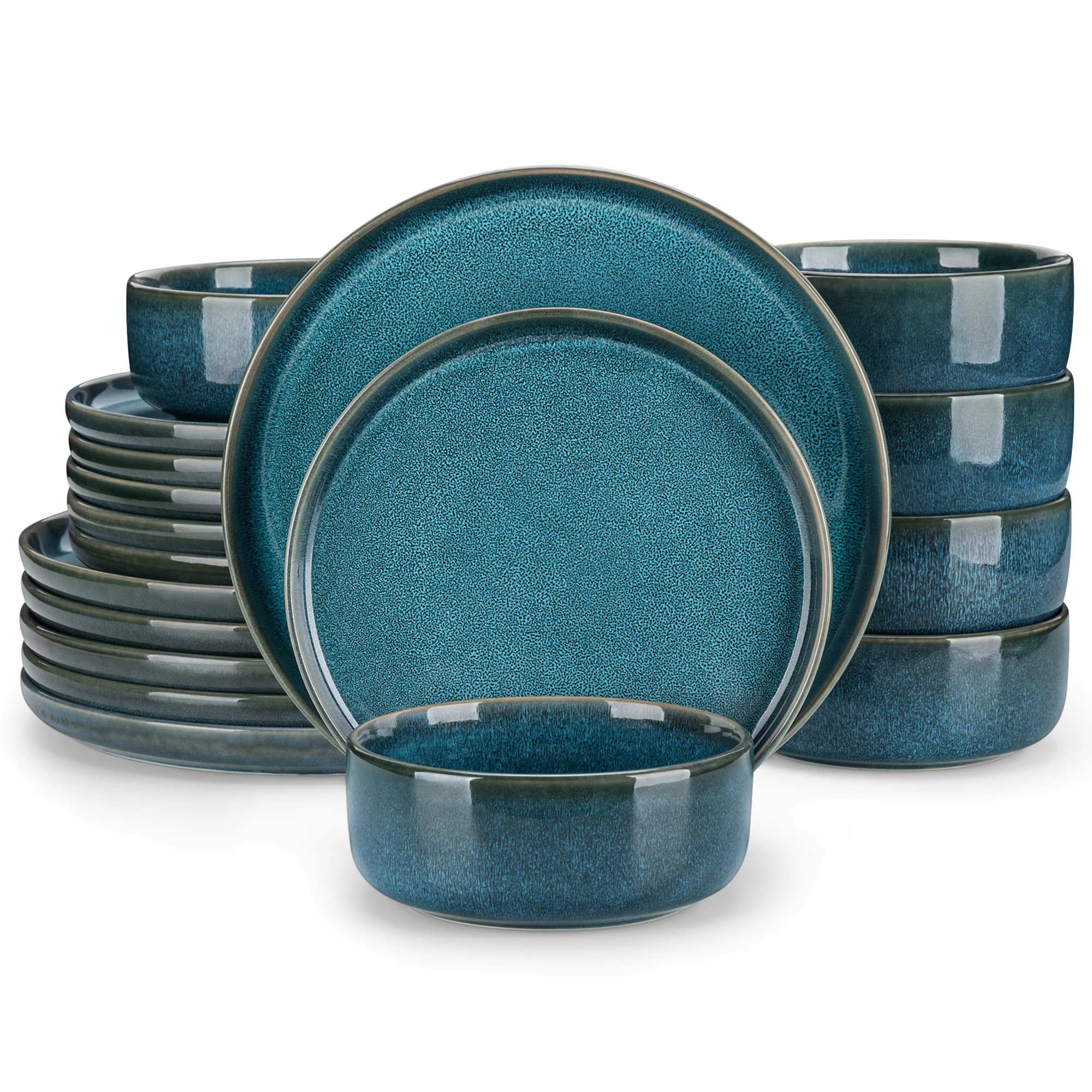 Vancasso blue ceramic dinnerware set with reactive glaze vertical edge plates and bowls on a rustic wooden table