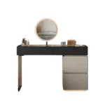 Minimalist modern dressing table with mirror and stool in a bedroom setting with 4 drawers and 4 doors
