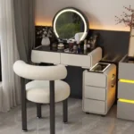 Goldoma modern minimalist dressing table with mirror and six drawers in a bedroom setting