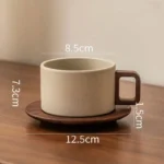 Vintage Wooden Handle Ceramic Coffee Cup with Saucer 250 Ml Large Capacity Tea Cup Modern Afternoon Tea Dessert Coffee Cup