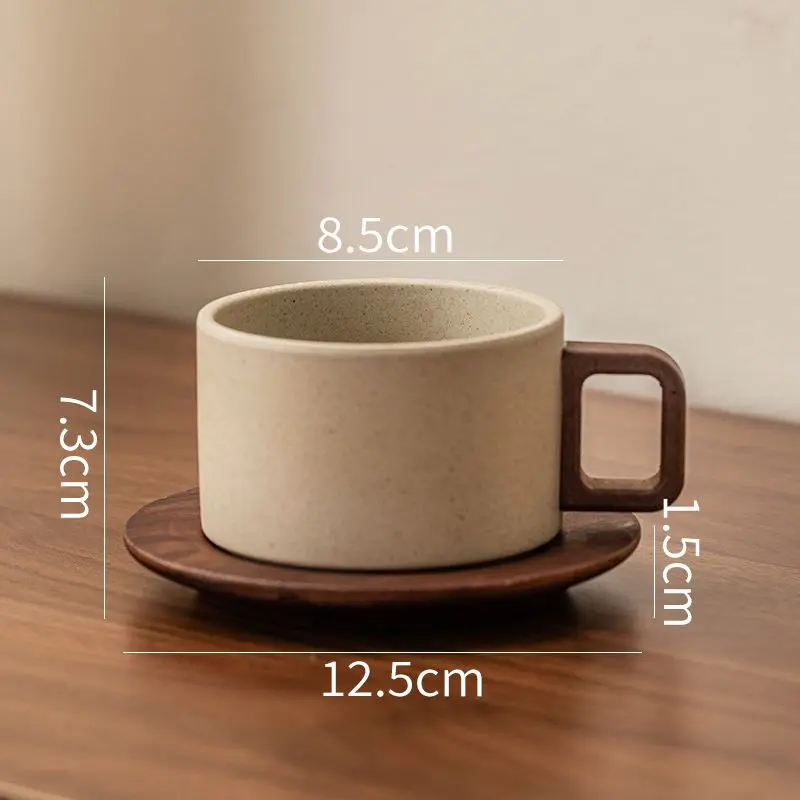 Vintage Wooden Handle Ceramic Coffee Cup with Saucer 250 Ml Large Capacity Tea Cup Modern Afternoon Tea Dessert Coffee Cup Mug