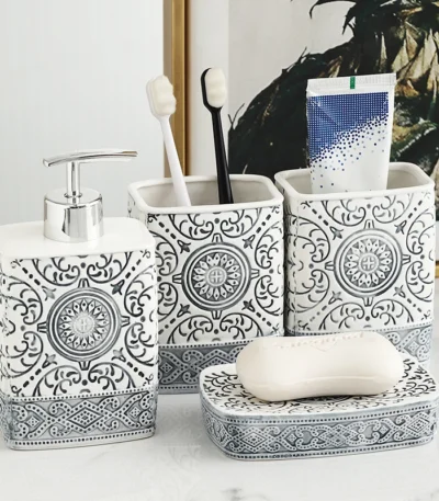 Modern Ceramic Lotion Bottle Soap Dish Toothbrush Holder Bathroom Set Flower Texture Porcelain Shampoo Bottling Soap