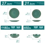 Vancasso KARST green stoneware dinner set with embossed plates and bowls on a rustic wooden table