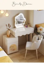 Modern makeup vanity desk with mirror and stool in a bedroom setting, showcasing ample storage and elegant design
