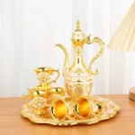 European Style Tea Set 6 Luxury Coffee Cup Vintage Metal Turkish Coffee Pot Set Craft Tea Tray and Teapot for Serving Tea