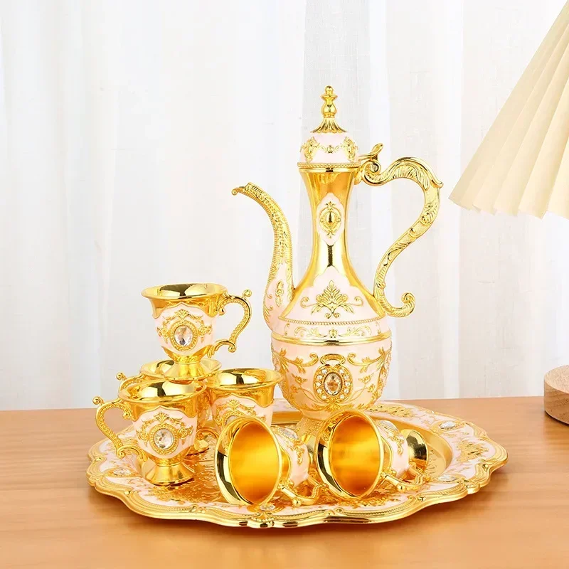 European Style Tea Set 6 Luxury Coffee Cup Vintage Metal Turkish Coffee Pot Set Craft Tea Tray and Teapot for Serving Tea