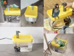 The product packaging box with the bird bath and pump visible through a clear window.