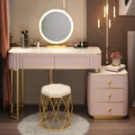 French white wooden dressing table with mirror and stool in a modern bedroom setting