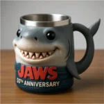 Jaws 50th Anniversary 3D shark mug on a wooden table with coffee