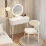 Modern storage vanity table with mirror and stool featuring multiple drawers for bedroom organization