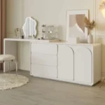 Modern dresser with mirror and stool in a bedroom setting - Goldoma wood furniture