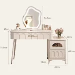 Modern wood makeup vanity table with mirror, drawer, and stool in a bedroom setting