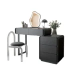 Modern makeup vanity table with mirror and storage drawer in bedroom setting