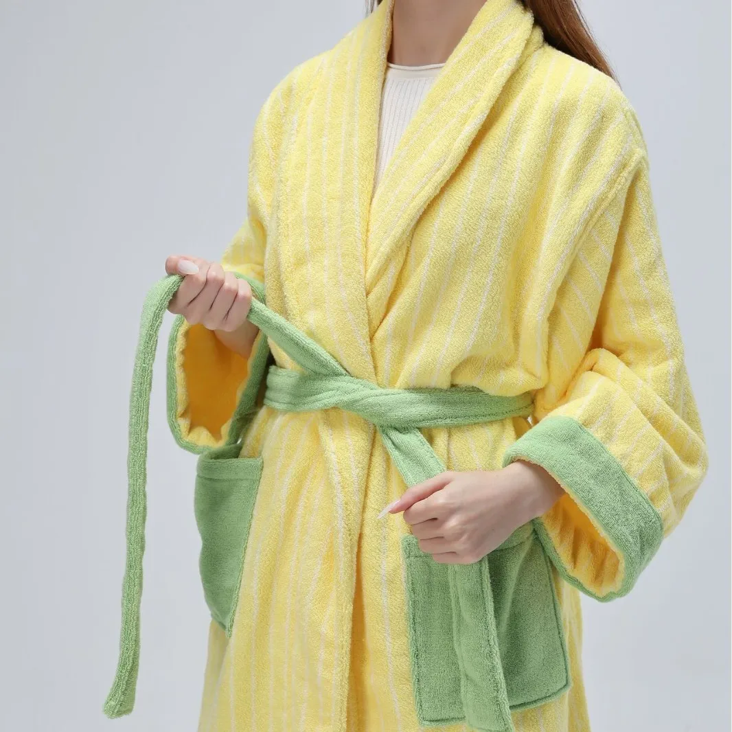 Color Matching Cotton Bathrobe Striped CottonYarn Bathrobes Soft Cozy Absorbent Bath Towel Robes V Neck Hooded Loose Sleepwear