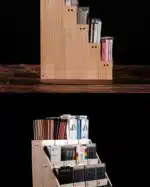 Wood Acrylic Pen Holder with Price Slot Stationery Storage Rack Brush Case Organizer Supermarket Display Stand Cosmetic