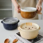 Creative Ceramic Bowls Cartoon Cat Dog Ceramic Noodle Bowls with Lids Cute Animal Soup Salad Fruit Bowl Box Decorative