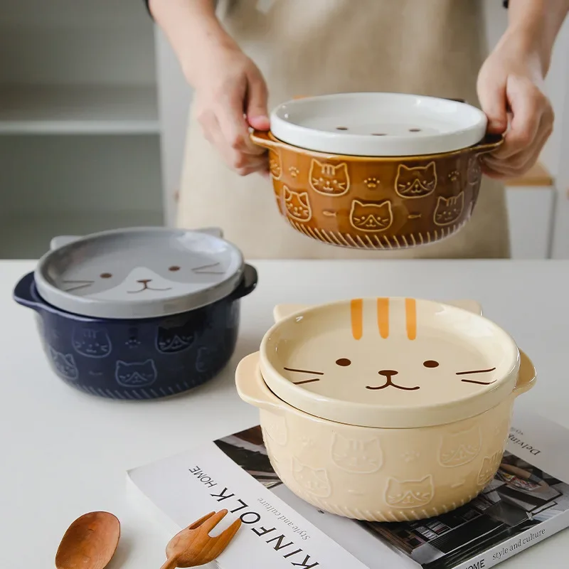 Creative Ceramic Bowls Cartoon Cat Dog Ceramic Noodle Bowls with Lids Cute Animal Soup Salad Fruit Bowl Box Decorative Tableware