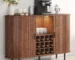 Elegant walnut buffet with wine rack, LED lights, and glass holder in a modern living room