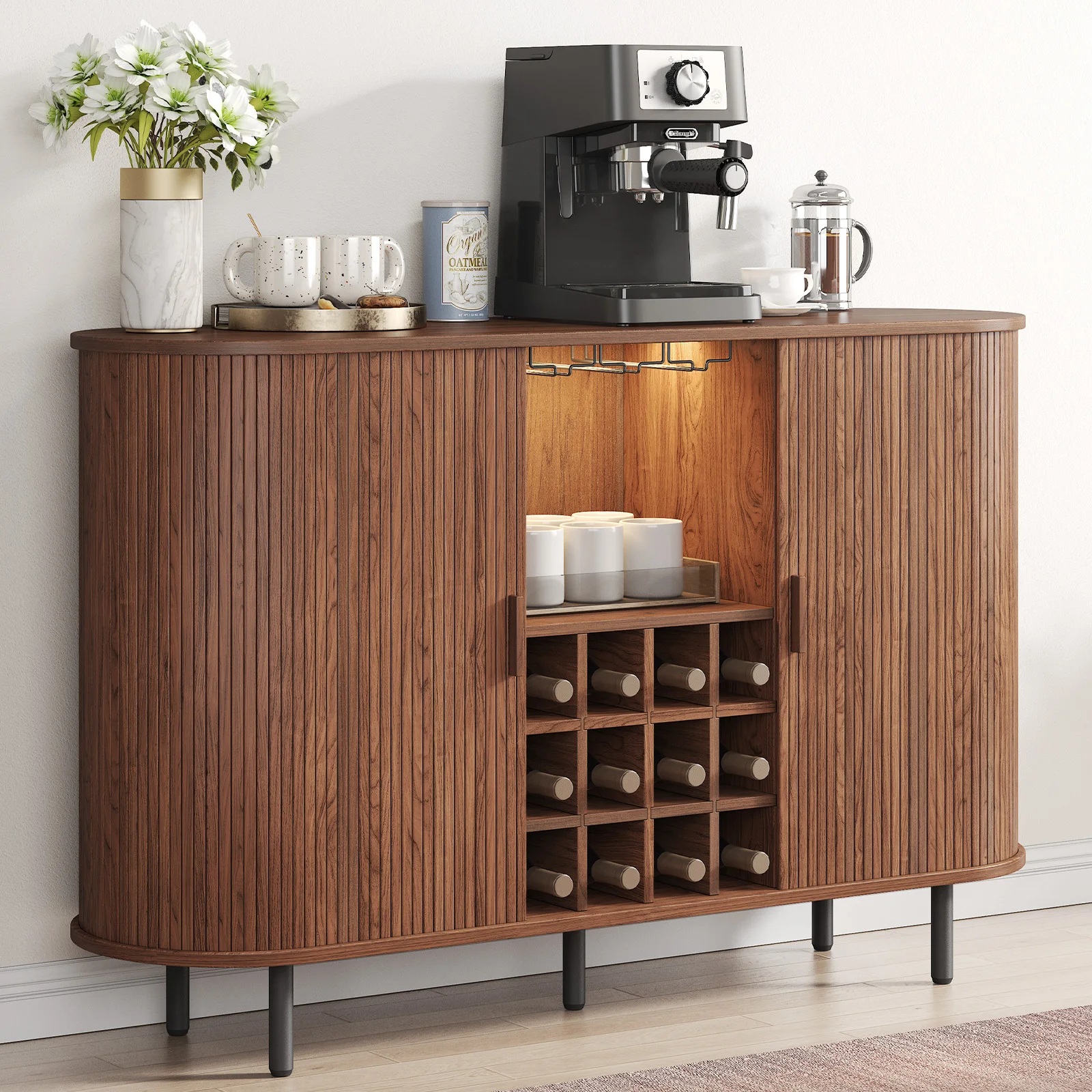 Elegant walnut buffet with wine rack, LED lights, and glass holder in a modern living room