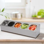 Spice Rack Shelf Stainless Steel Organizer Stand W/ 5*1/6 Pans W/ Lids Countertop Inclined Holder for Sauce Fruits Kitchen Use
