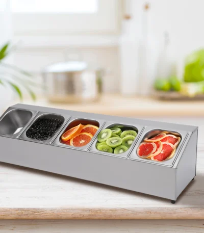 Spice Rack Shelf Stainless Steel Organizer Stand W/ 5*1/6 Pans W/ Lids Countertop Inclined Holder for Sauce Fruits Kitchen