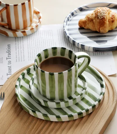 Simple Striped Ceramic Teacup Hotel Café Porcelain Coffee Cup 280ml Office Mug Breakfast Bread Dessert Mug Gift Table