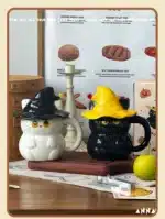 450ml Dreamy Ghost Cat Ceramic Mug with Lid – Cartoon Anime Style Couples' Cup/Holiday Gift, Unisex Cute Drinkware