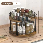 Kitchen countertop organizer with 360° rotating wooden spice rack holding oil, salt, and soy sauce bottles