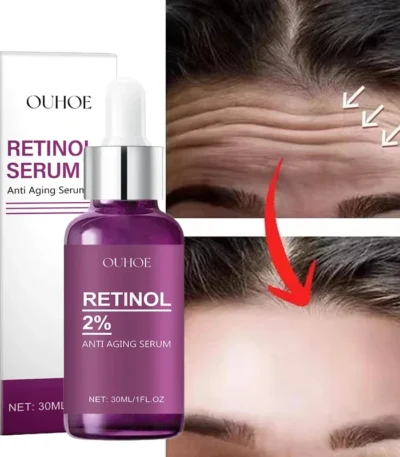 Goldoma Retinol Face Serum in a glass dropper bottle, front view on a white table.