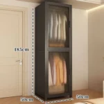 Minimalist open wardrobe closet with metal frame in a modern bedroom setting